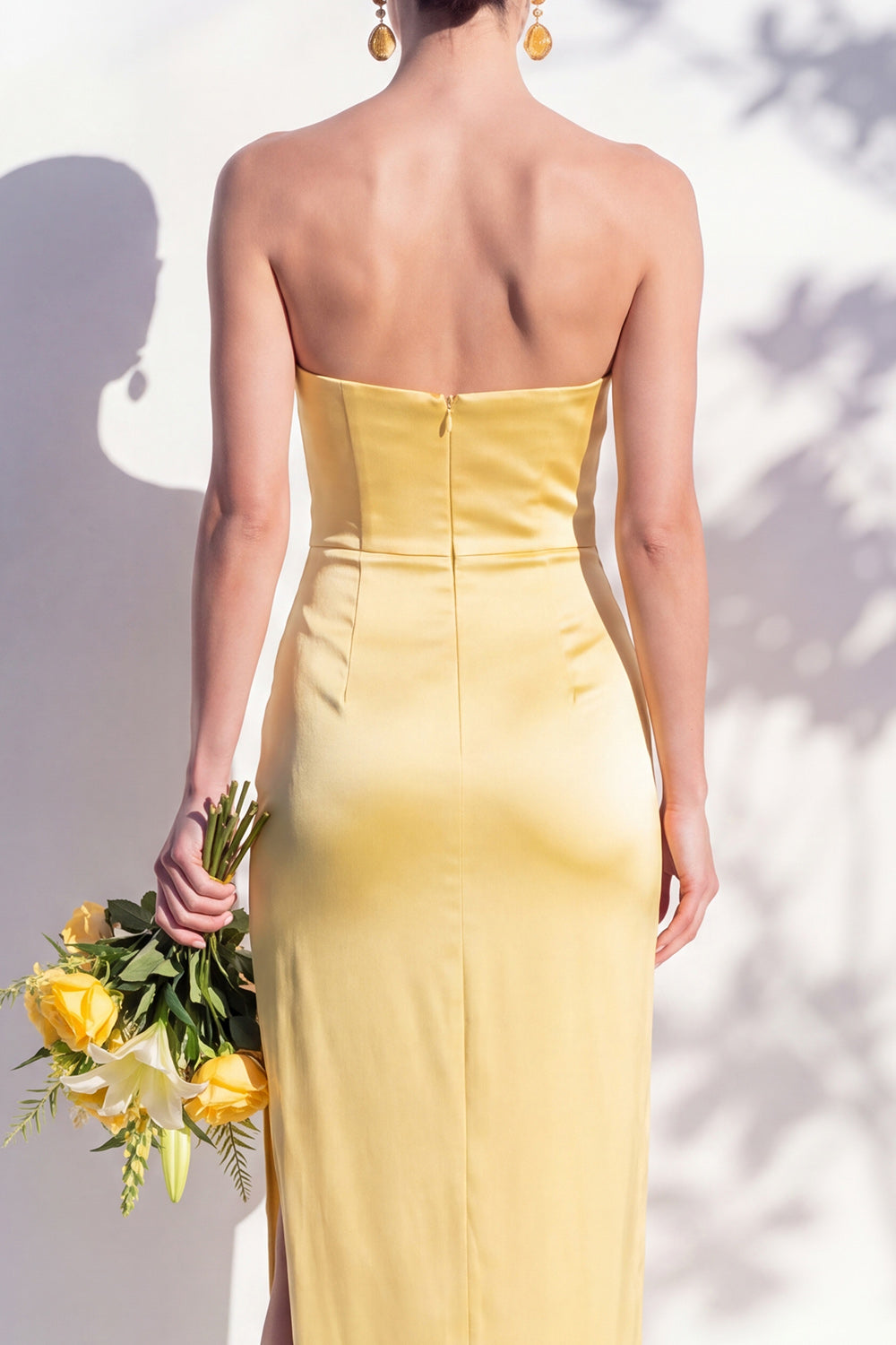 Strapless Yellow Satin Sheath Bridesmaid Dress with Slit