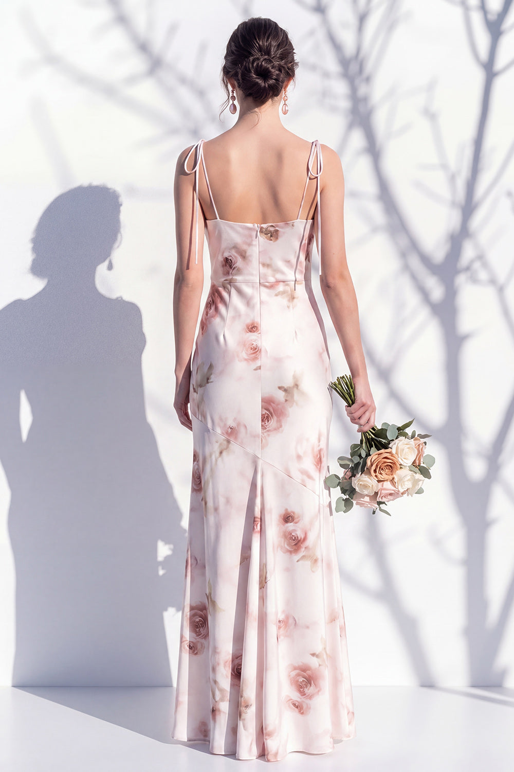 Ivory Red Floral Spaghetti Straps Sheath Bridesmaid Dress with Slit