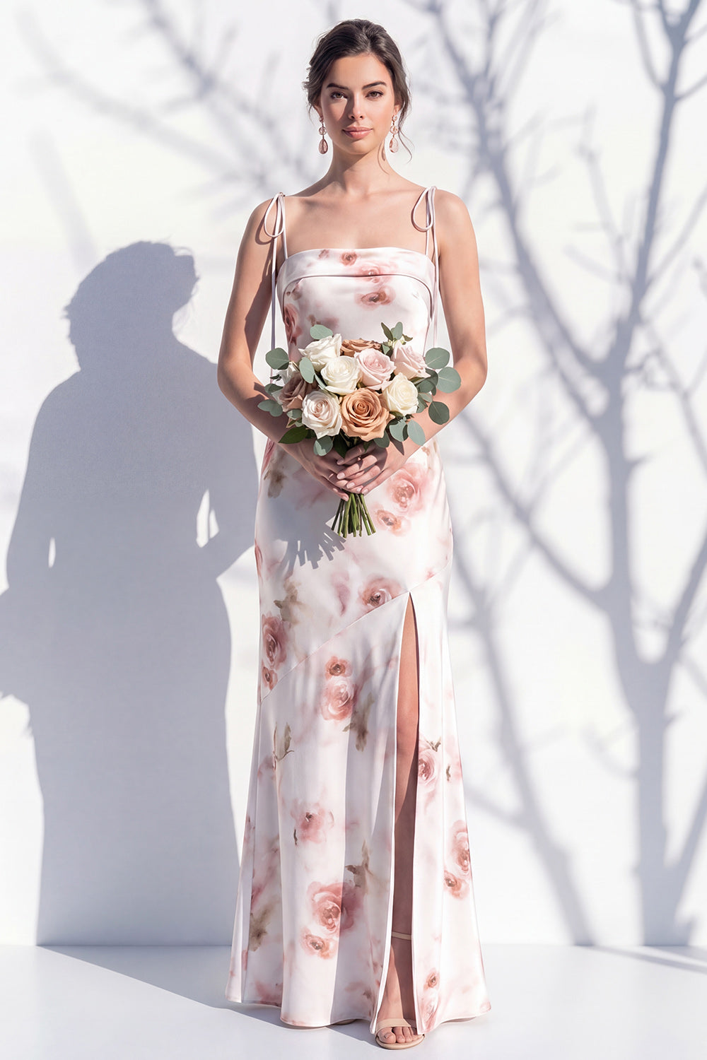 Ivory Red Floral Spaghetti Straps Sheath Bridesmaid Dress with Slit