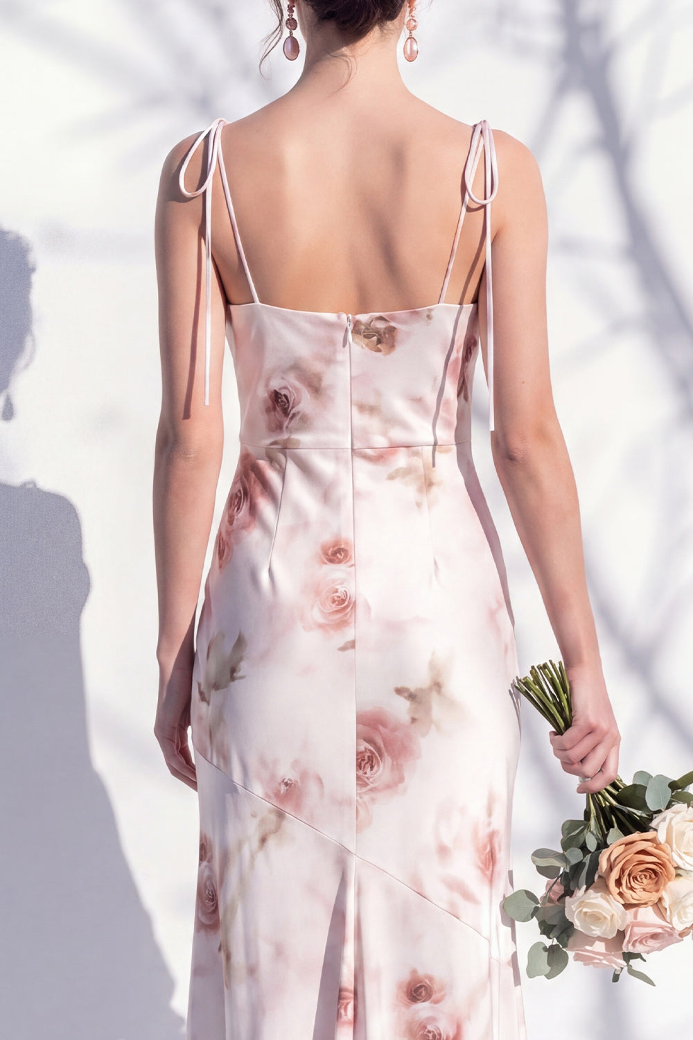 Ivory Red Floral Spaghetti Straps Sheath Bridesmaid Dress with Slit