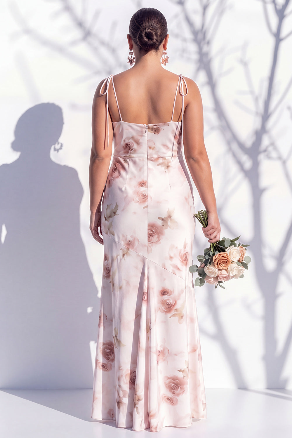 Ivory Red Floral Spaghetti Straps Sheath Bridesmaid Dress with Slit