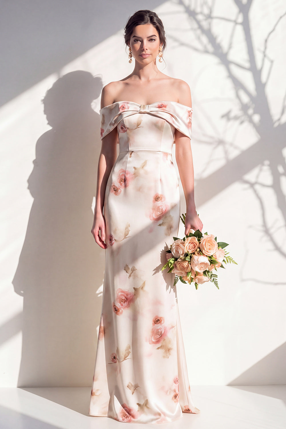 Off The Shoulder Ivory Red Floral Mermaid Bridesmaid Dress