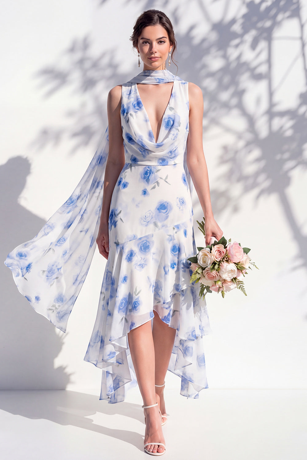 Green Floral Mermaid V-Neck Bridesmaid Dress with Scarf