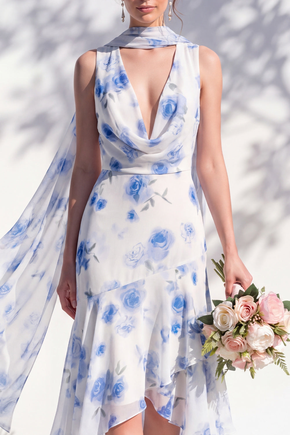 Green Floral Mermaid V-Neck Bridesmaid Dress with Scarf