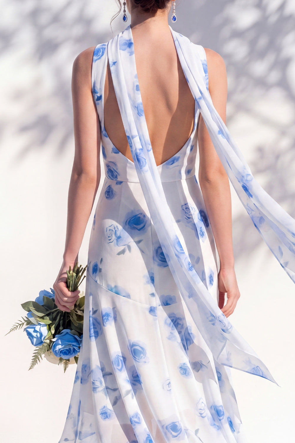 Green Floral Mermaid V-Neck Bridesmaid Dress with Scarf