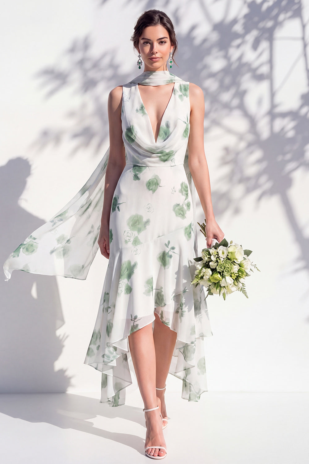 Green Floral Mermaid V-Neck Bridesmaid Dress with Scarf