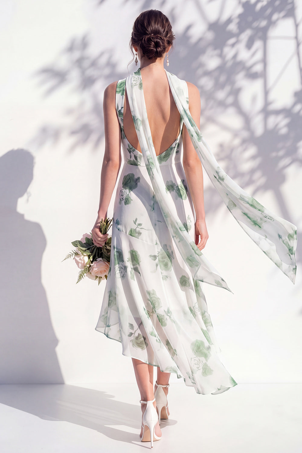 Green Floral Mermaid V-Neck Bridesmaid Dress with Scarf