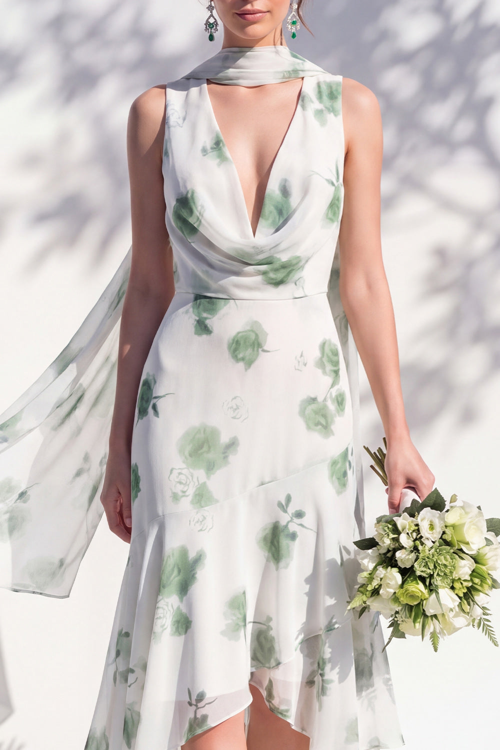 Green Floral Mermaid V-Neck Bridesmaid Dress with Scarf