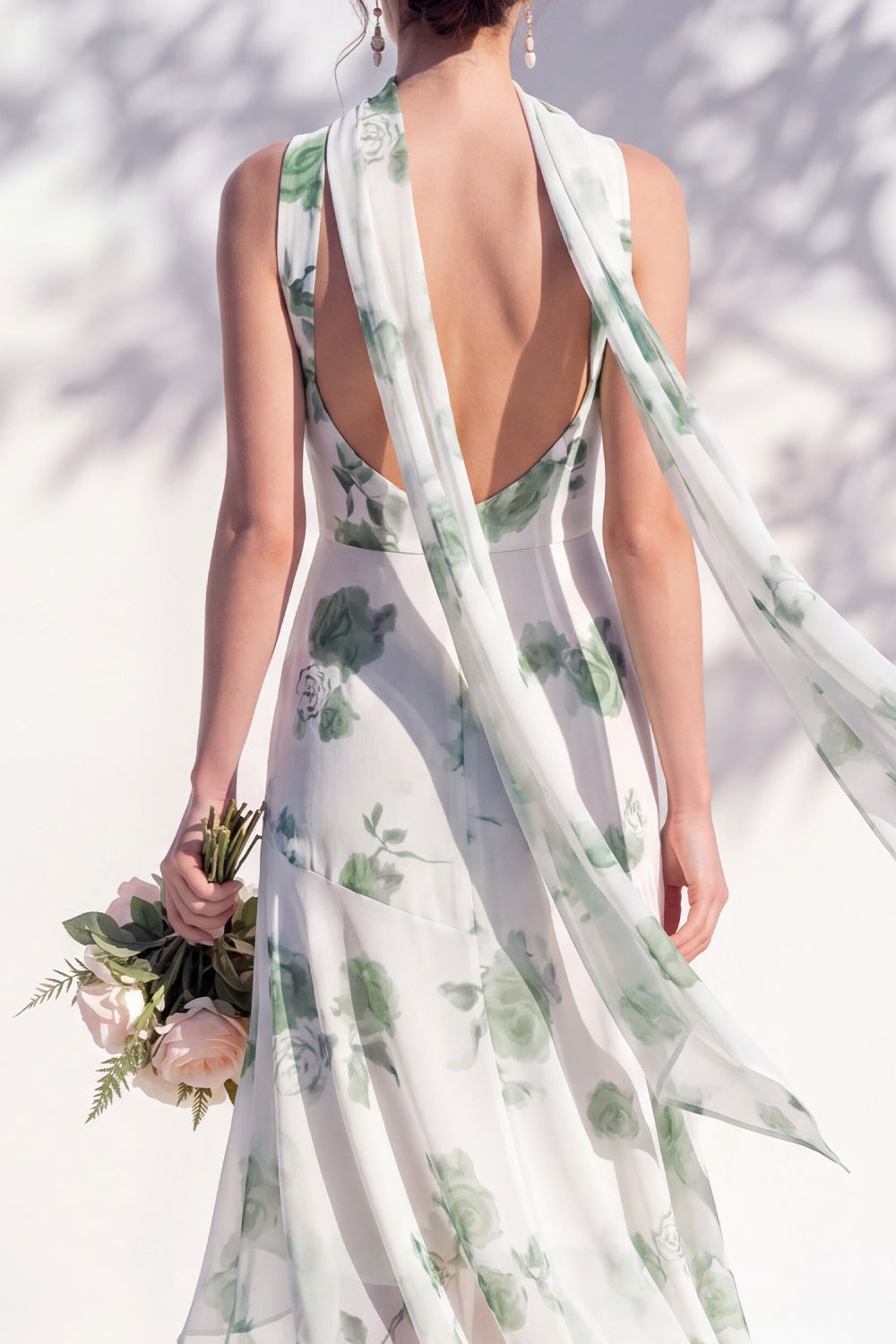 Green Floral Mermaid V-Neck Bridesmaid Dress with Scarf