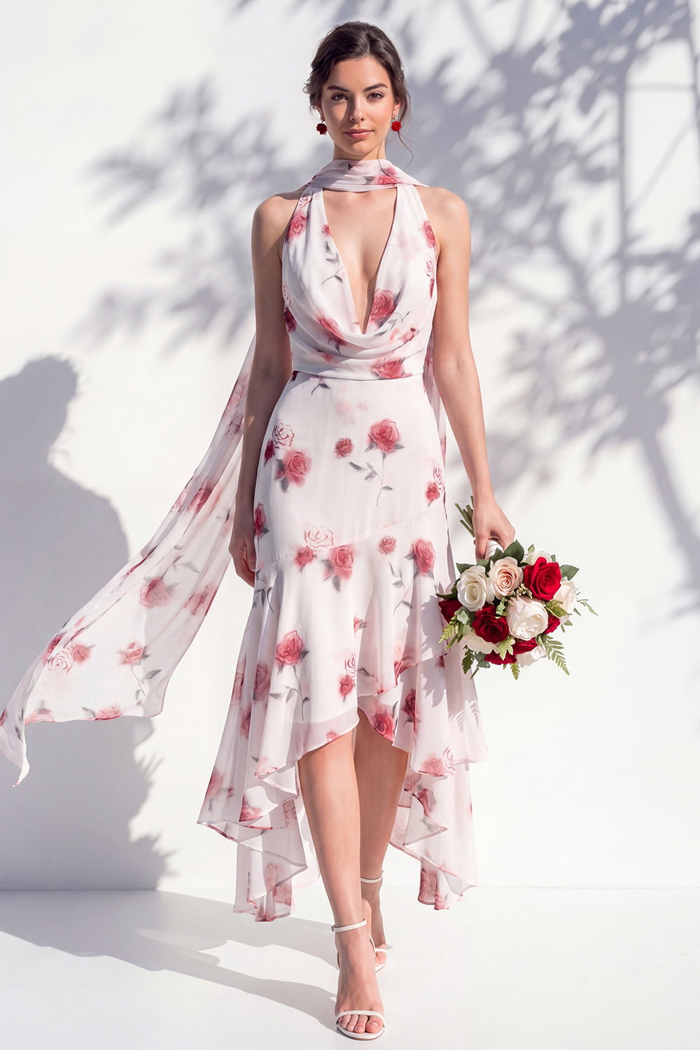Green Floral Mermaid V-Neck Bridesmaid Dress with Scarf