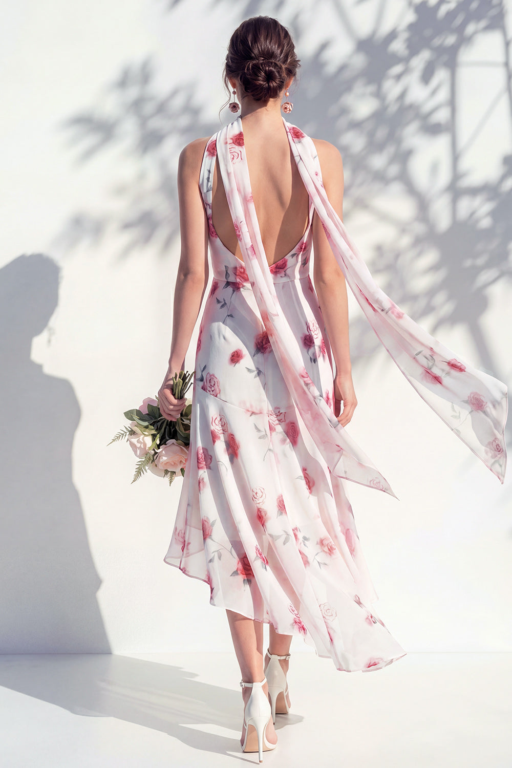 Green Floral Mermaid V-Neck Bridesmaid Dress with Scarf