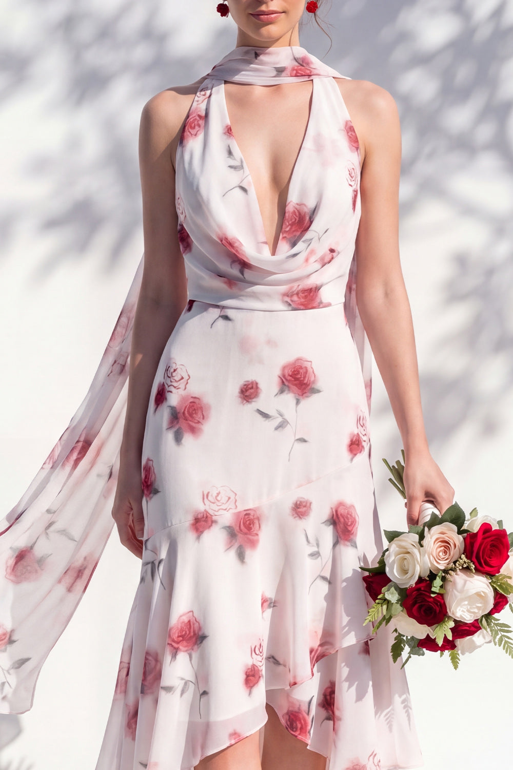 Green Floral Mermaid V-Neck Bridesmaid Dress with Scarf