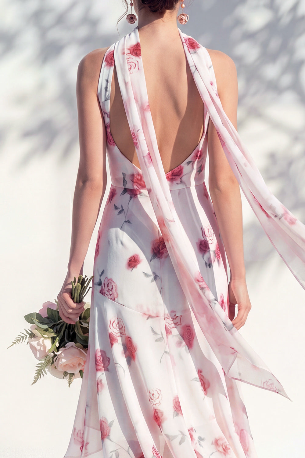 Green Floral Mermaid V-Neck Bridesmaid Dress with Scarf
