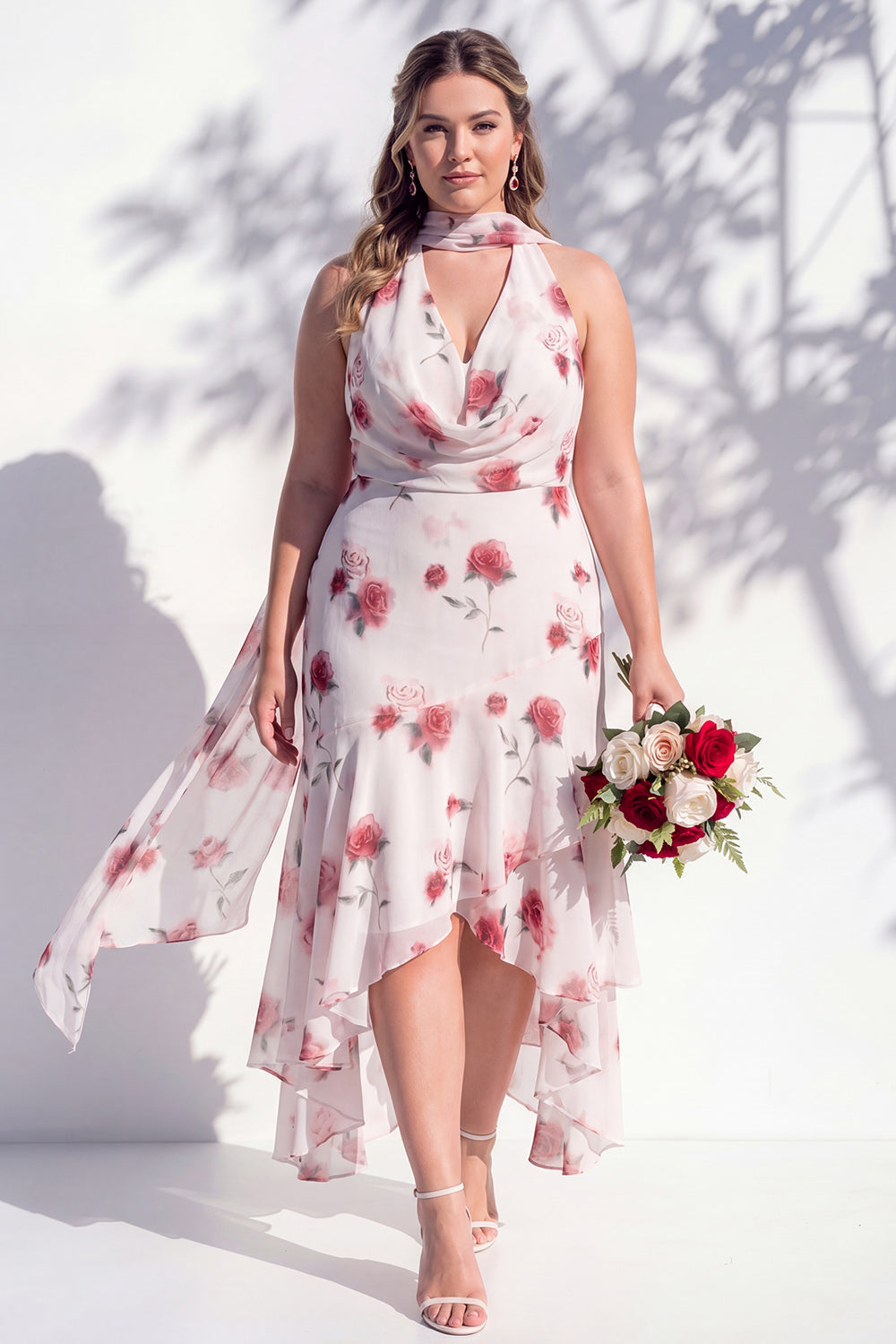 Green Floral Mermaid V-Neck Bridesmaid Dress with Scarf