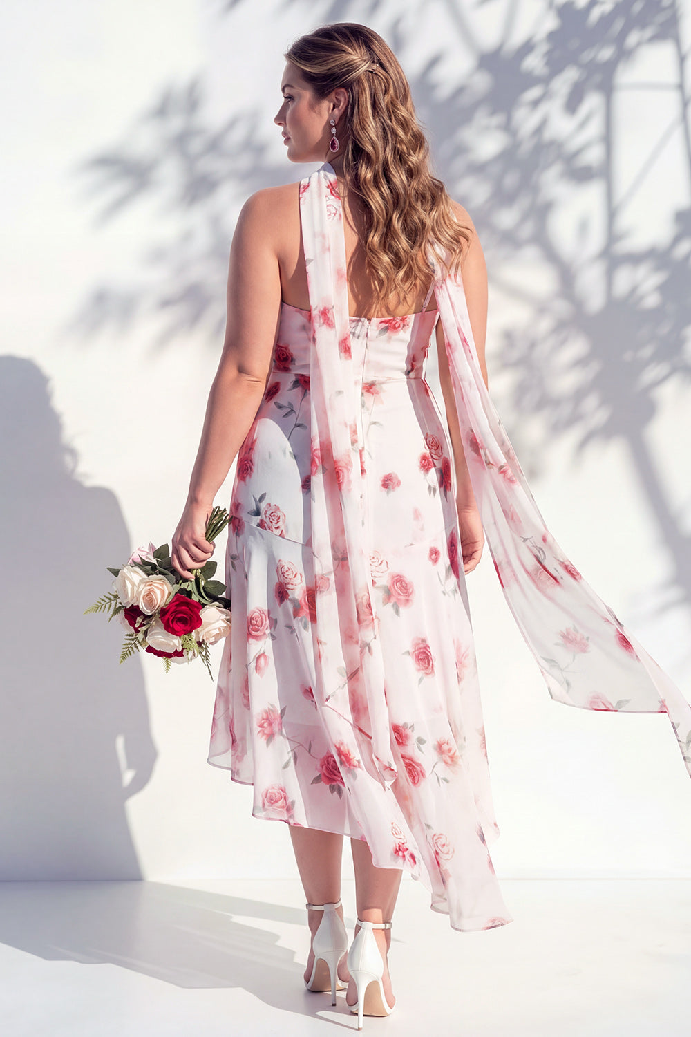 Green Floral Mermaid V-Neck Bridesmaid Dress with Scarf