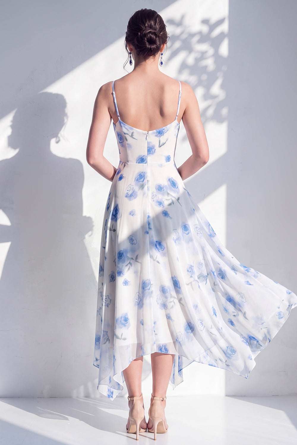 Green Floral A Line Cowl Neck Bridesmaid Dress