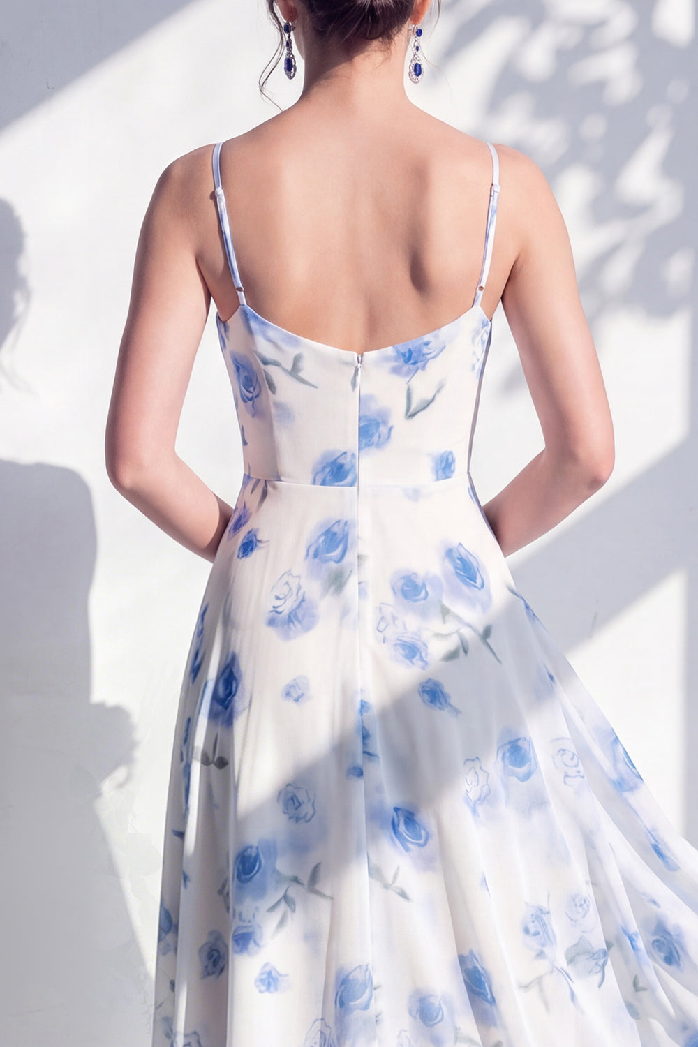 Green Floral A Line Cowl Neck Bridesmaid Dress