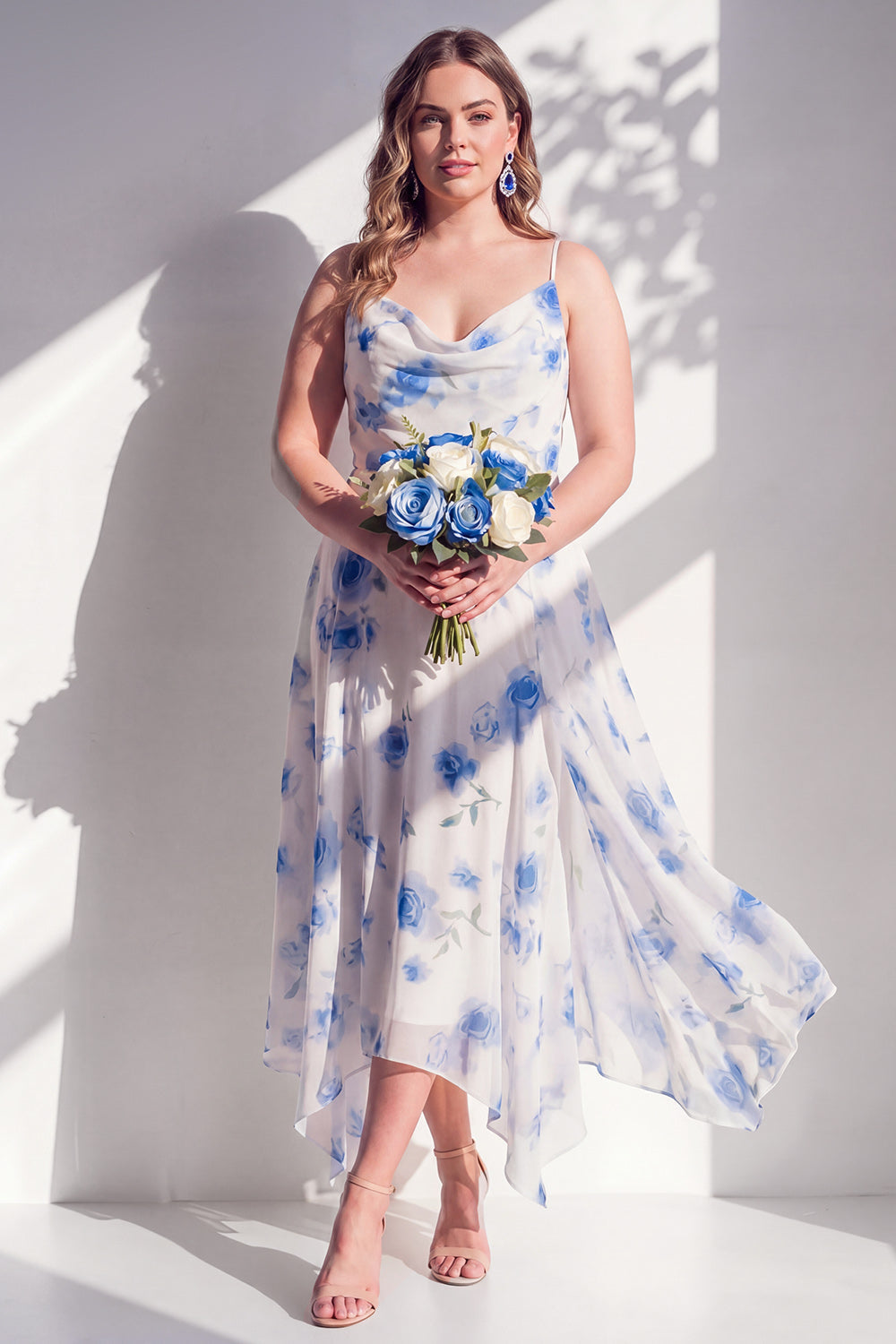 Green Floral A Line Cowl Neck Bridesmaid Dress
