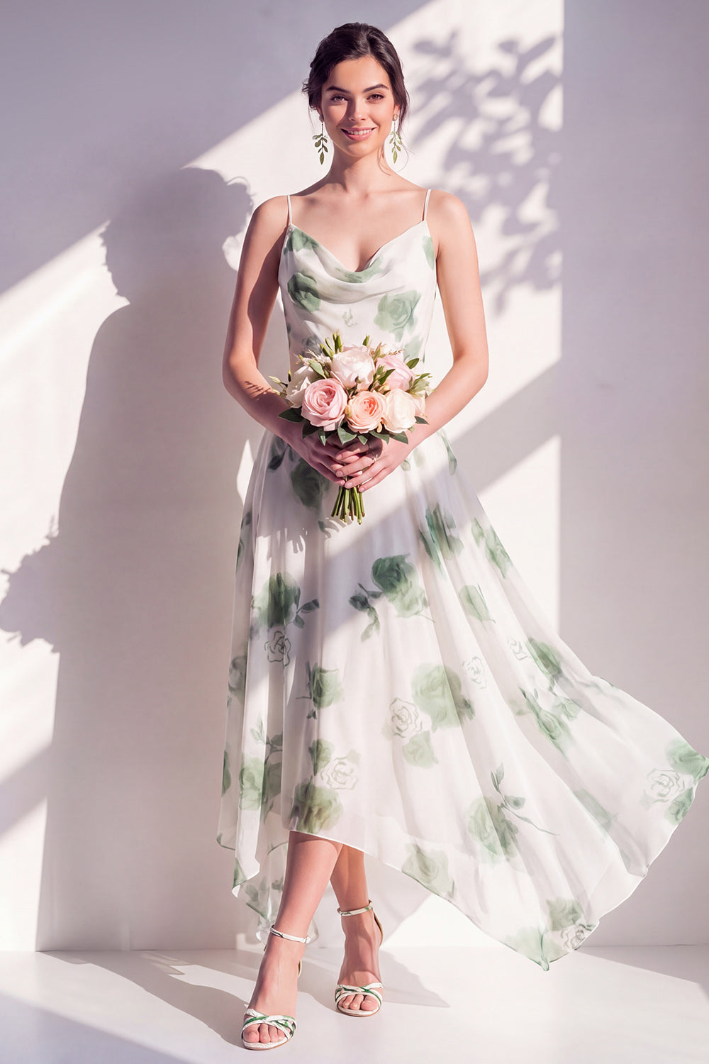 Green Floral A Line Cowl Neck Bridesmaid Dress