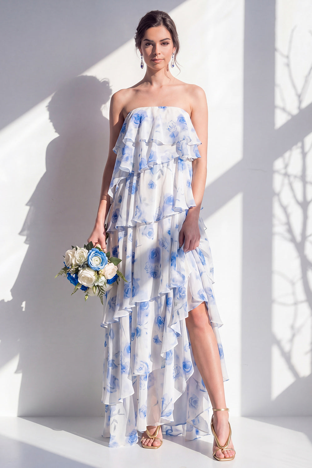 Strapless Tiered Green Floral A Line Bridesmaid Dress