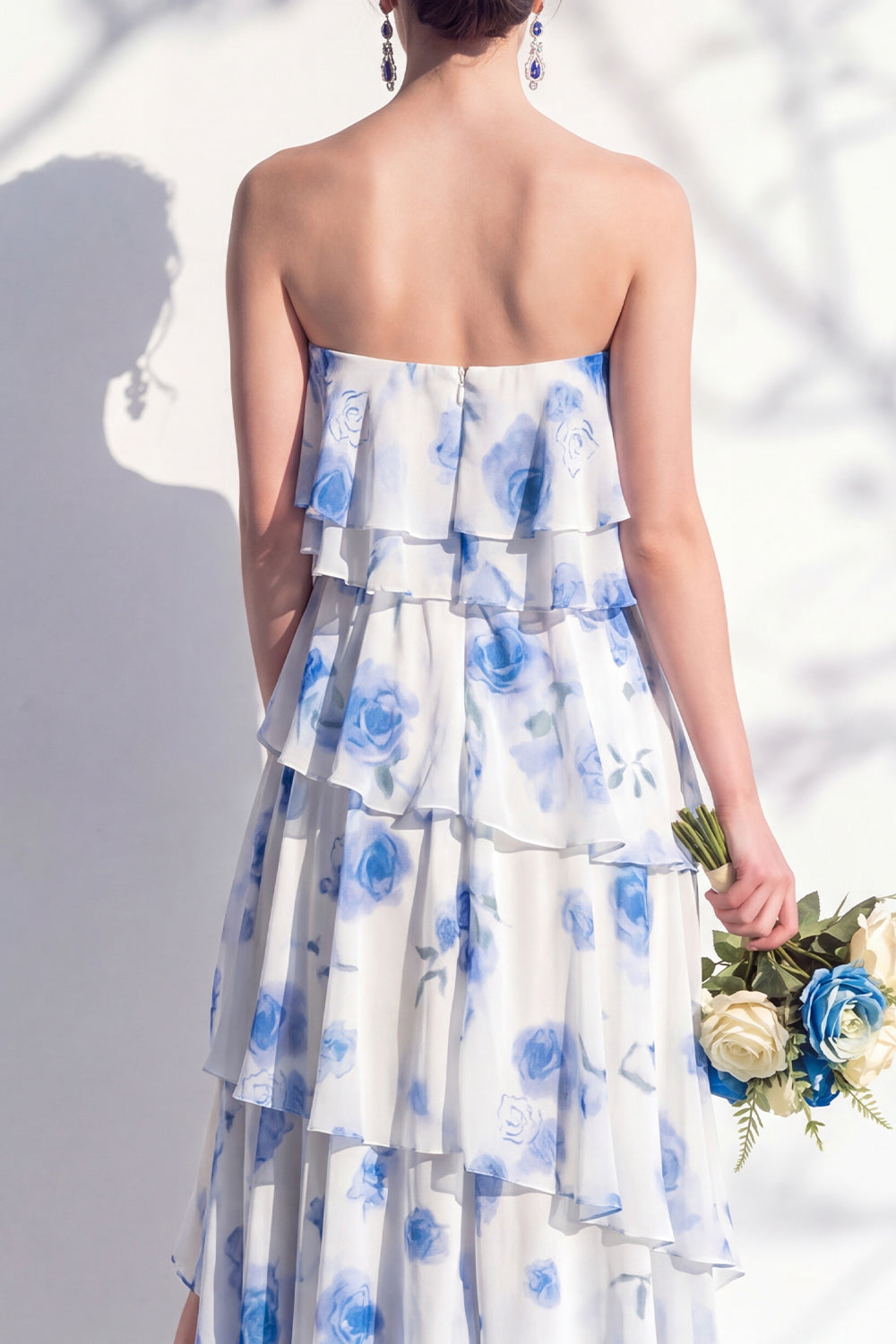 Strapless Tiered Green Floral A Line Bridesmaid Dress