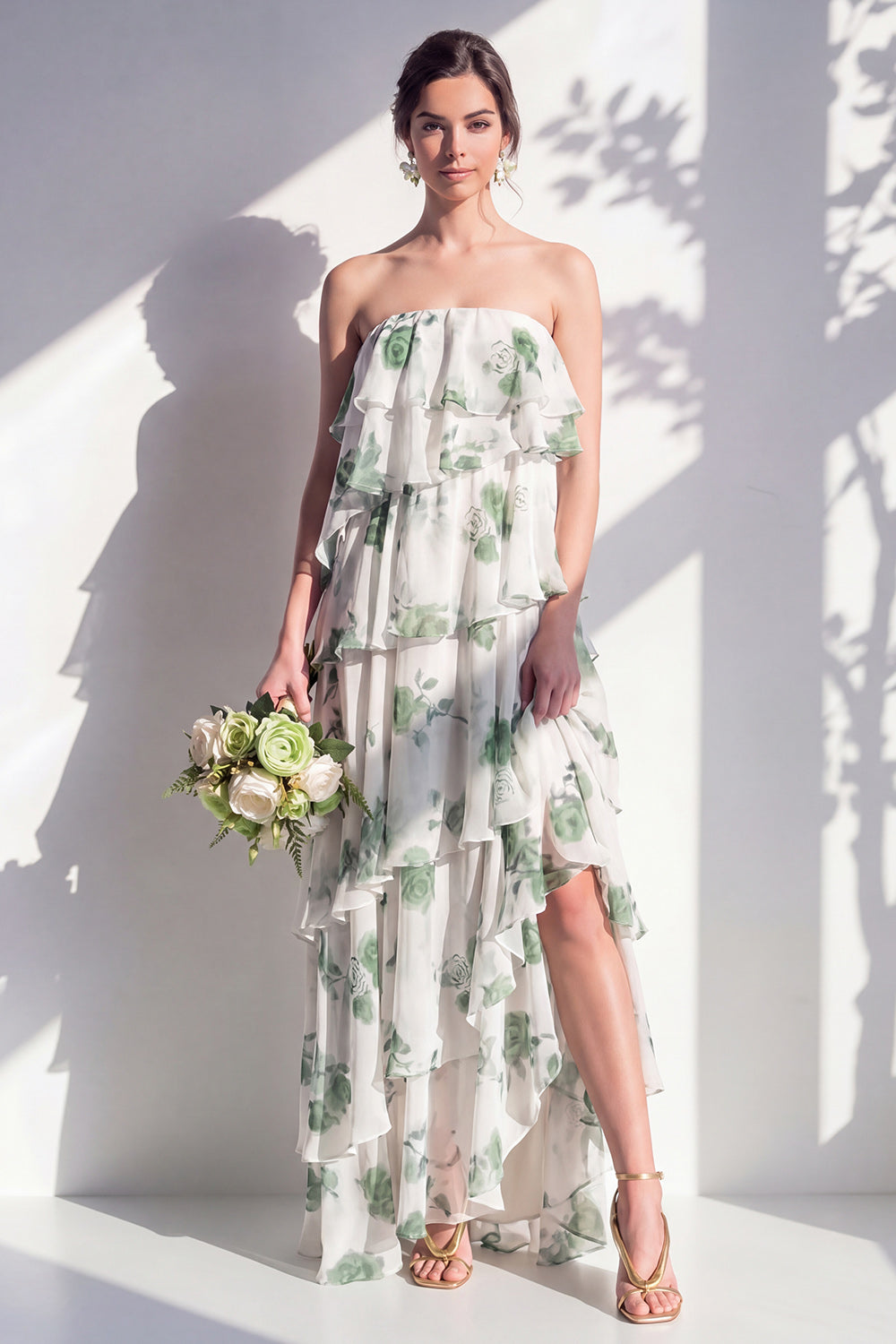 Strapless Tiered Green Floral A Line Bridesmaid Dress
