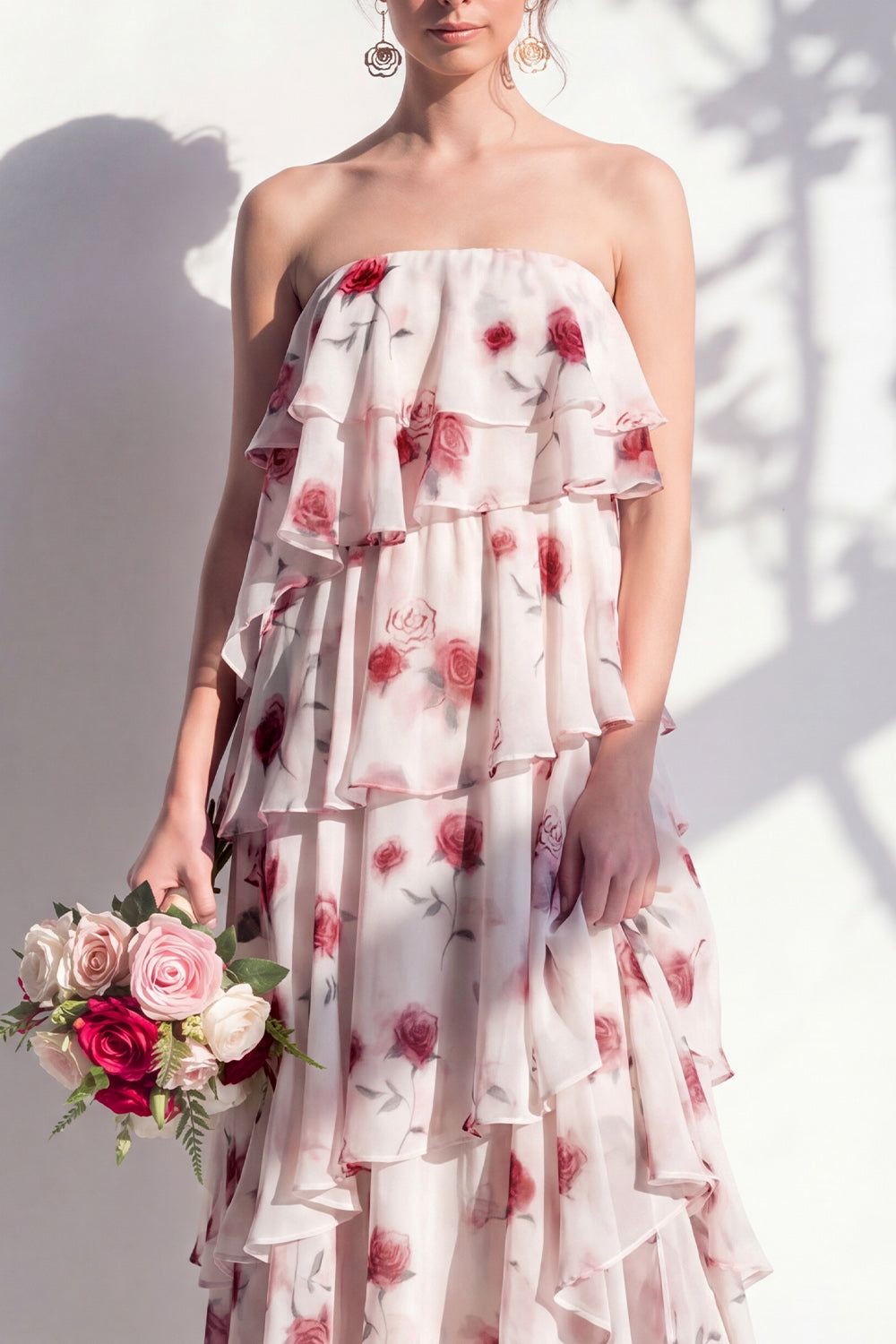 Strapless Tiered Green Floral A Line Bridesmaid Dress