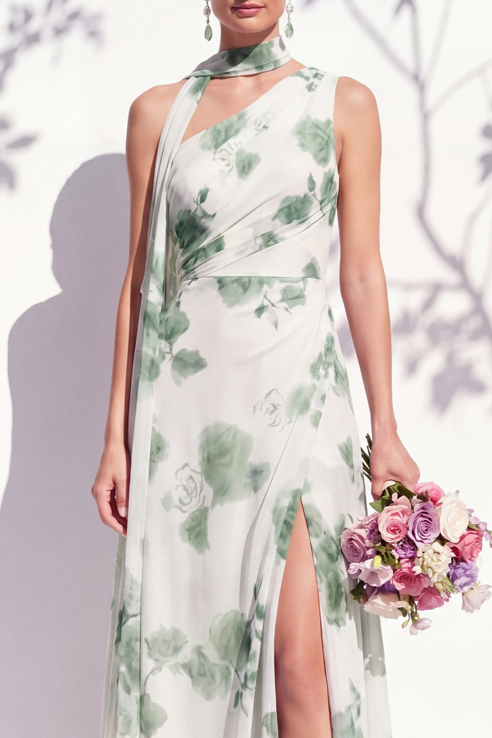 One Shoulder Green Floral A Line Bridesmaid Dress with Slit