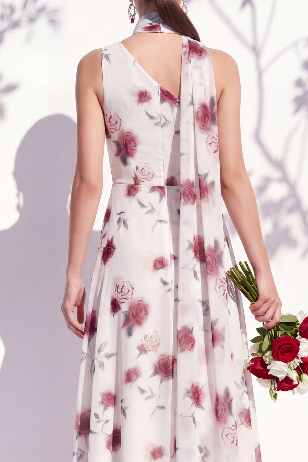 One Shoulder Green Floral A Line Bridesmaid Dress with Slit