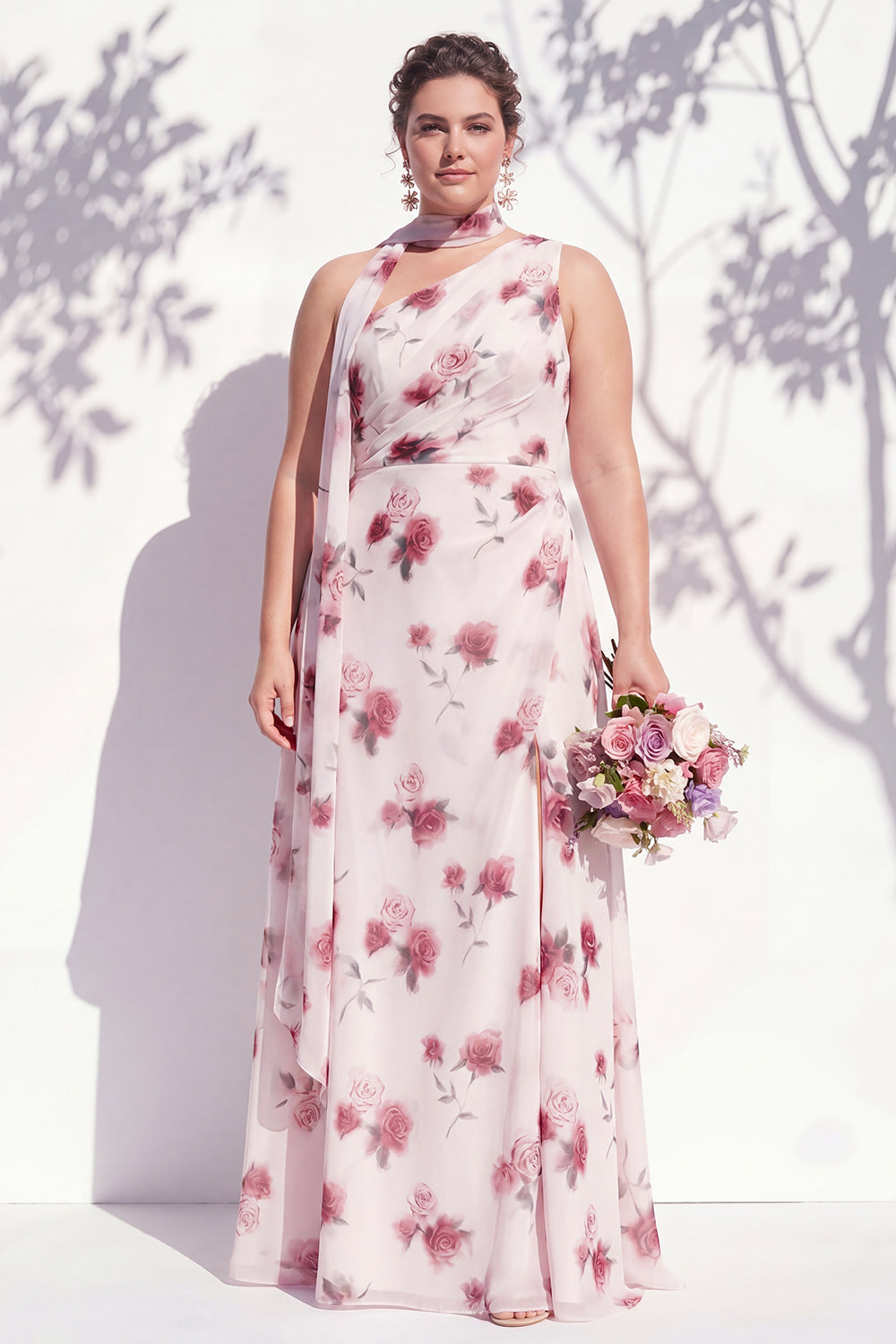One Shoulder Green Floral A Line Bridesmaid Dress with Slit