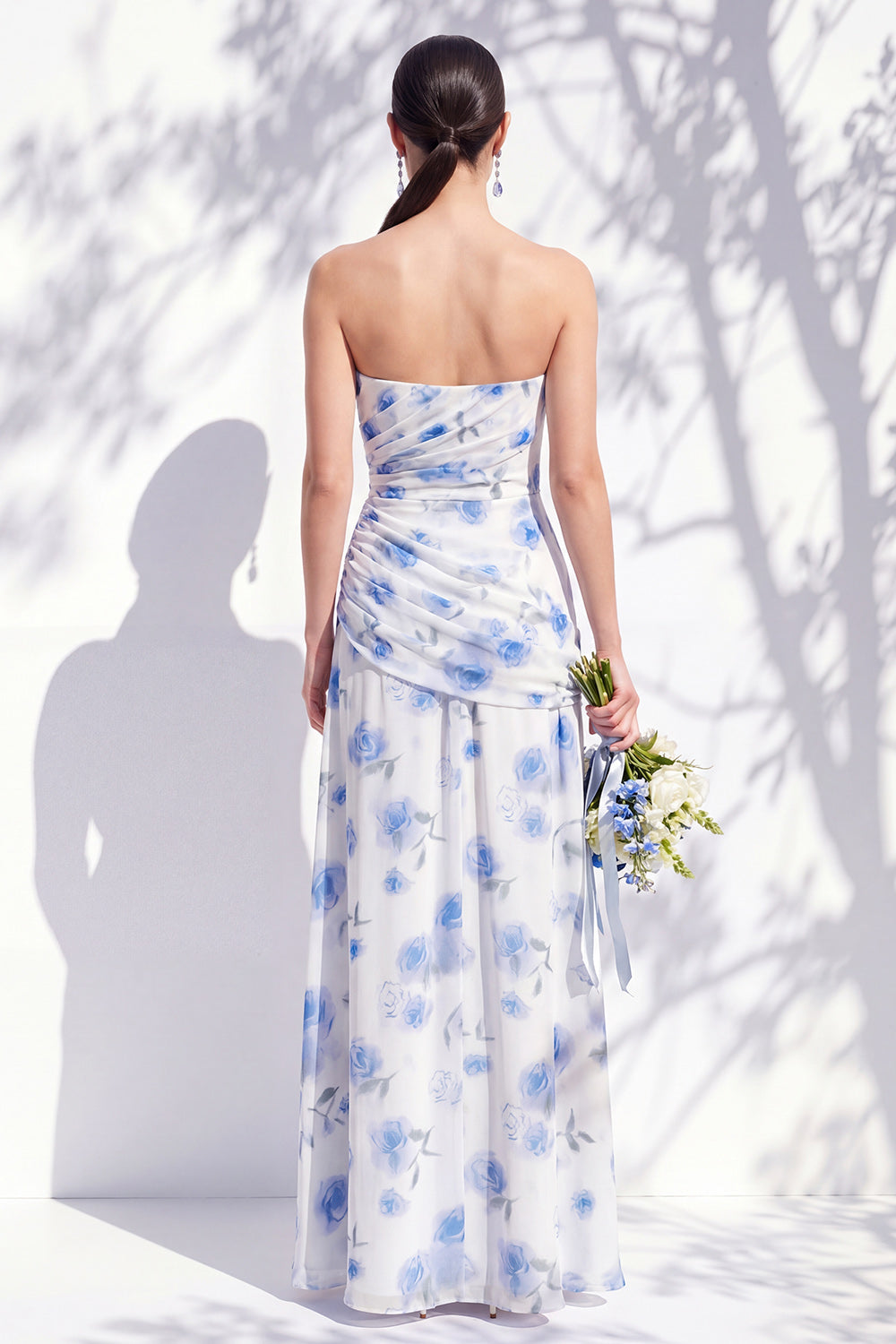 Strapless Blue Floral A Line Bridesmaid Dress with Slit