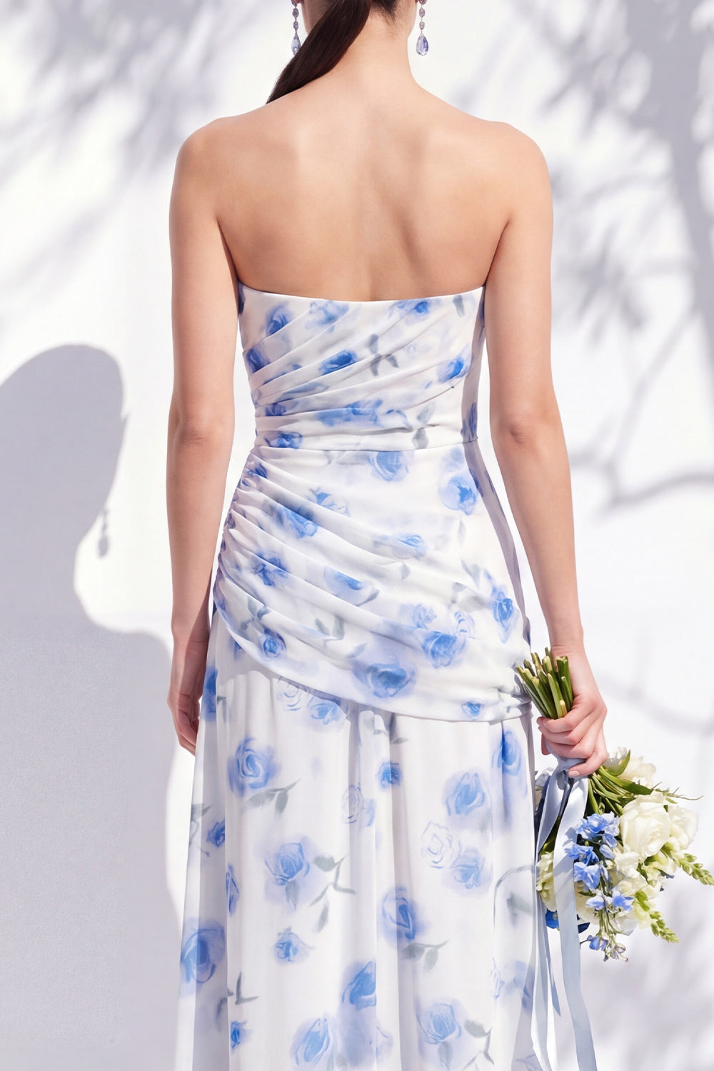 Strapless Blue Floral A Line Bridesmaid Dress with Slit