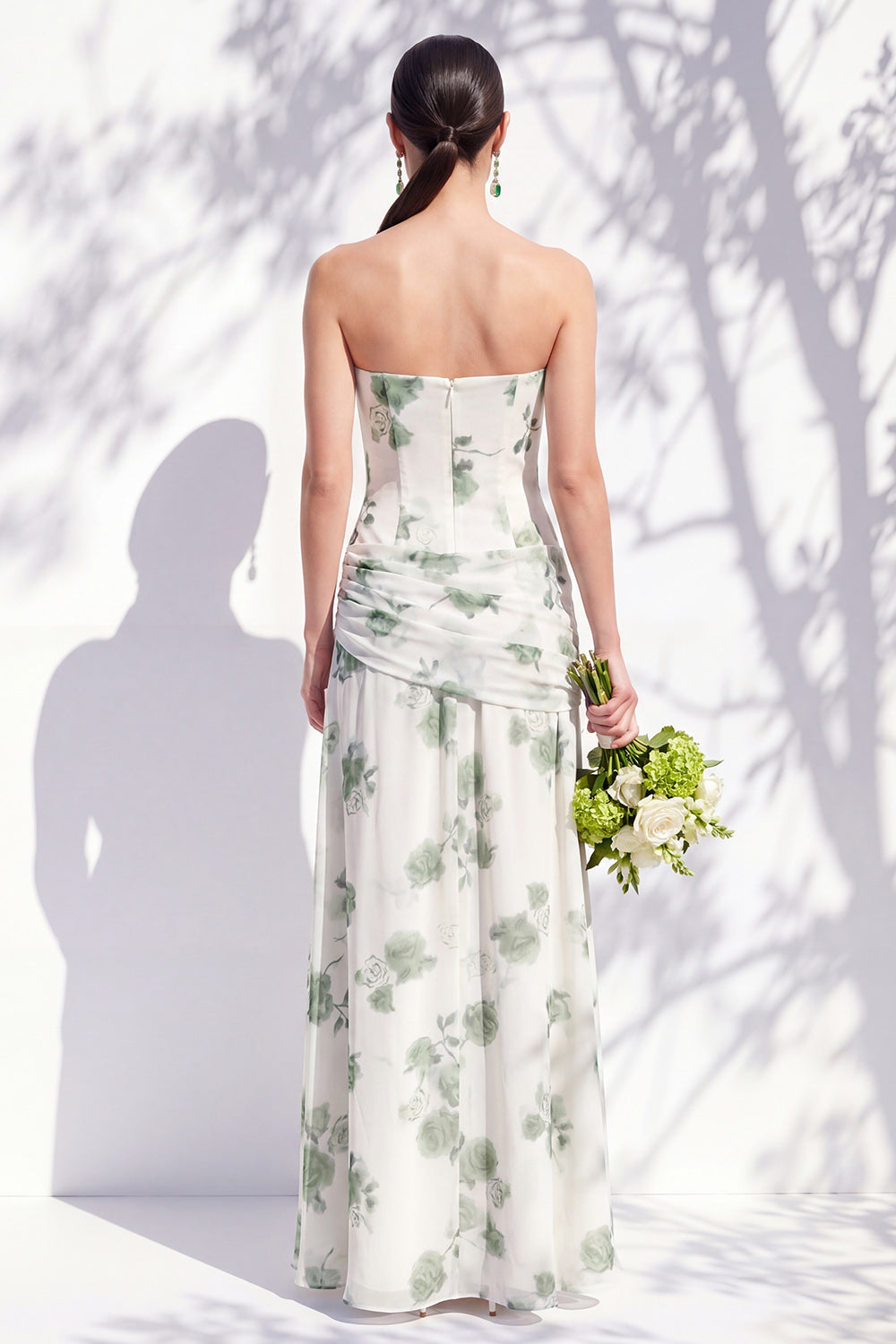 Strapless Blue Floral A Line Bridesmaid Dress with Slit