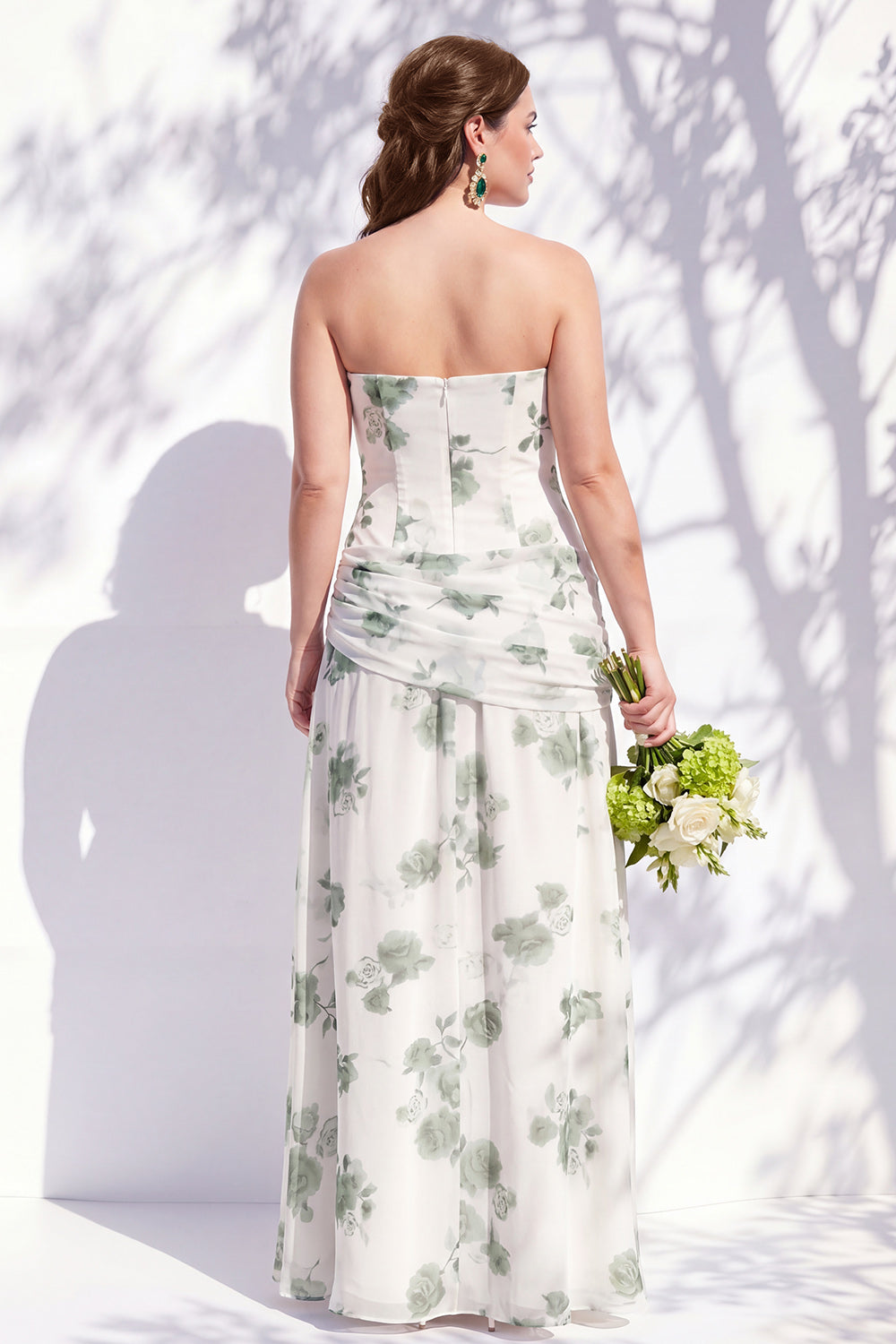 Strapless Blue Floral A Line Bridesmaid Dress with Slit