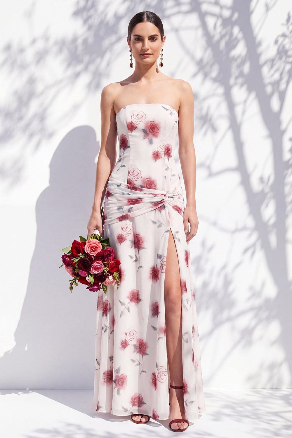 Strapless Blue Floral A Line Bridesmaid Dress with Slit