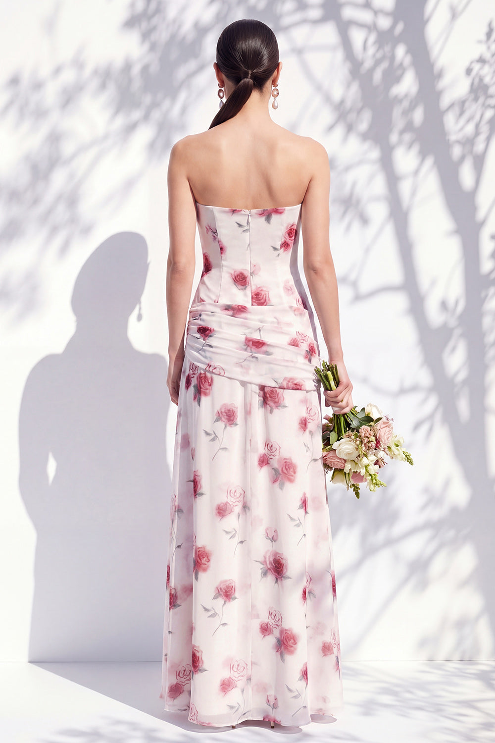 Strapless Blue Floral A Line Bridesmaid Dress with Slit