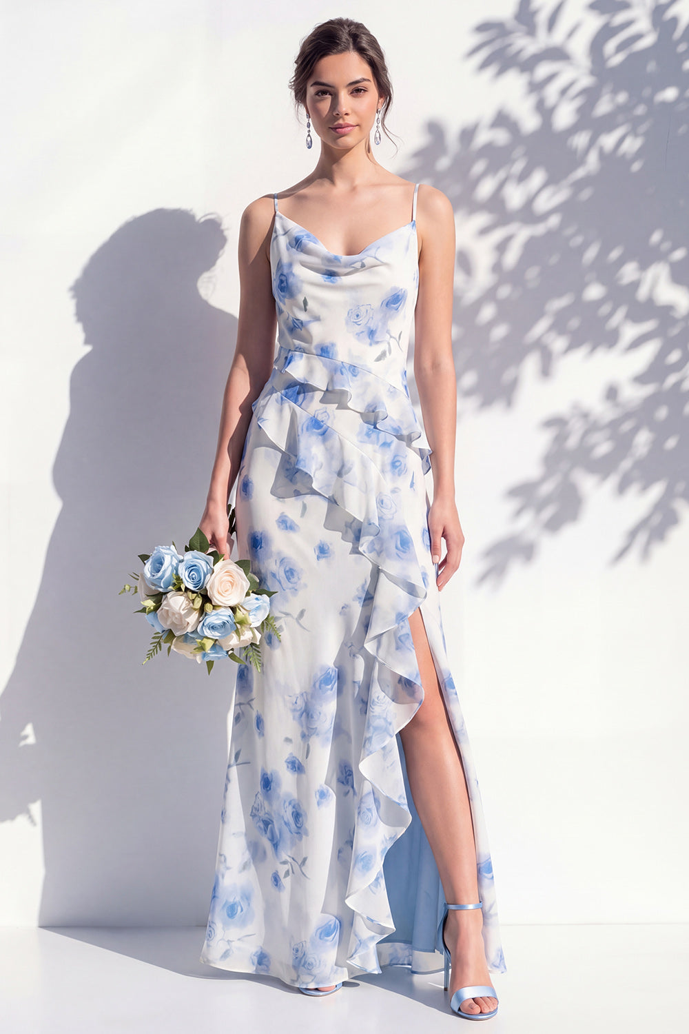Blue Floral Ruffled A Line Cowl Neck Bridesmaid Dress