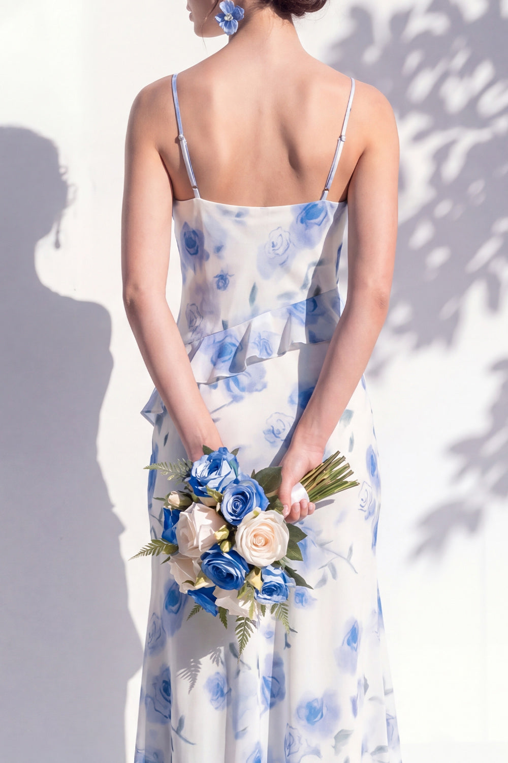 Blue Floral Ruffled A Line Cowl Neck Bridesmaid Dress