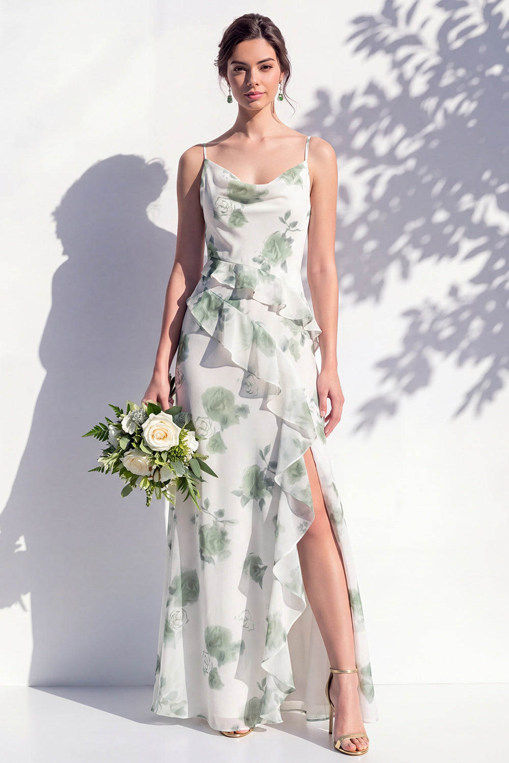 Blue Floral Ruffled A Line Cowl Neck Bridesmaid Dress