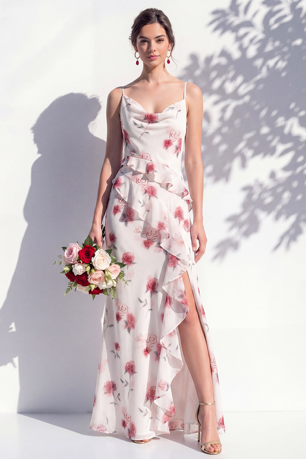 Blue Floral Ruffled A Line Cowl Neck Bridesmaid Dress