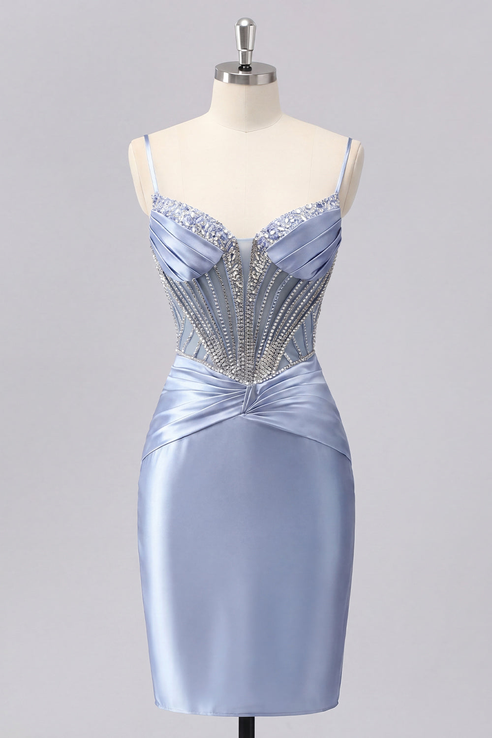 Grey Blue Satin Bodycon Sheer Corset Short Prom Dress with Beading