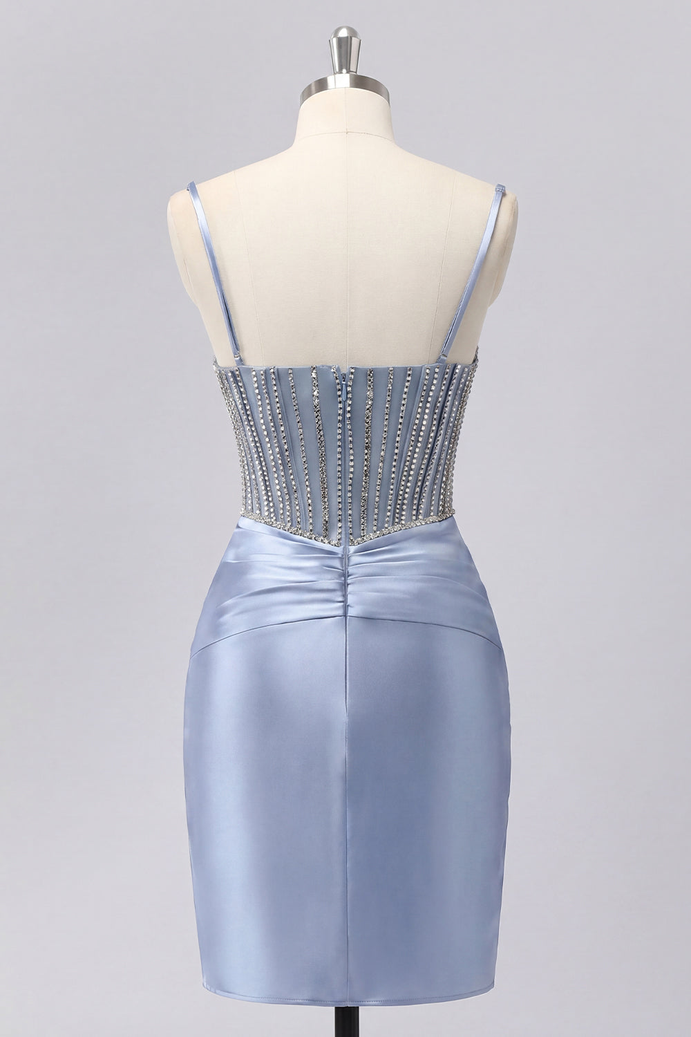 Grey Blue Satin Bodycon Sheer Corset Short Prom Dress with Beading