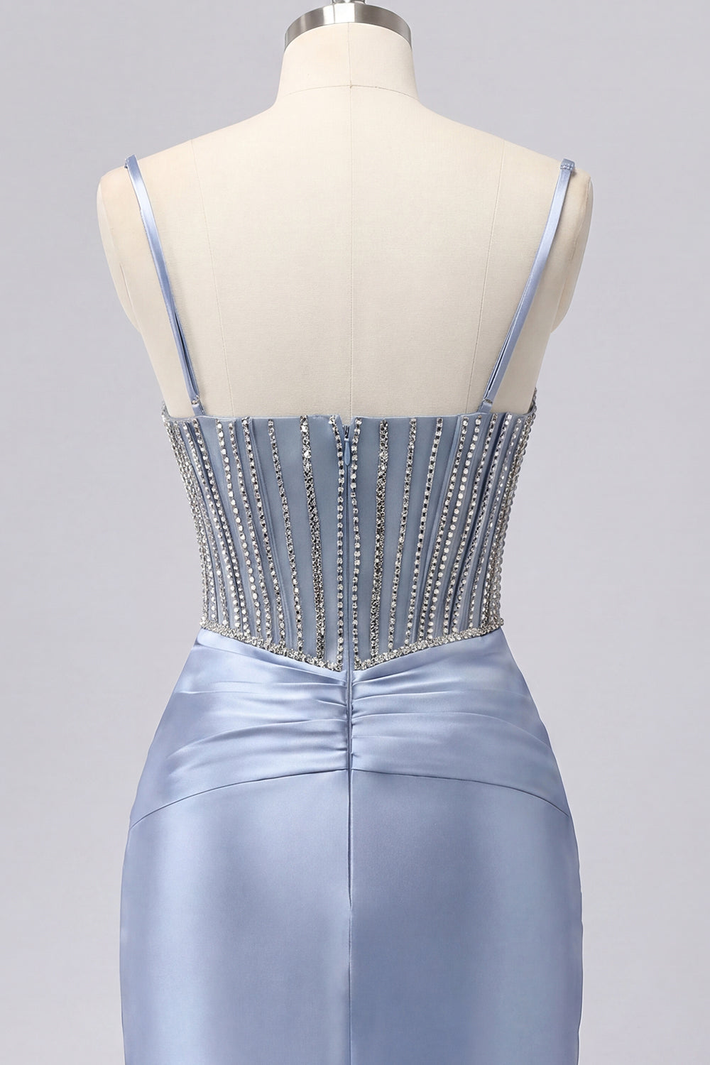 Grey Blue Satin Bodycon Sheer Corset Short Prom Dress with Beading