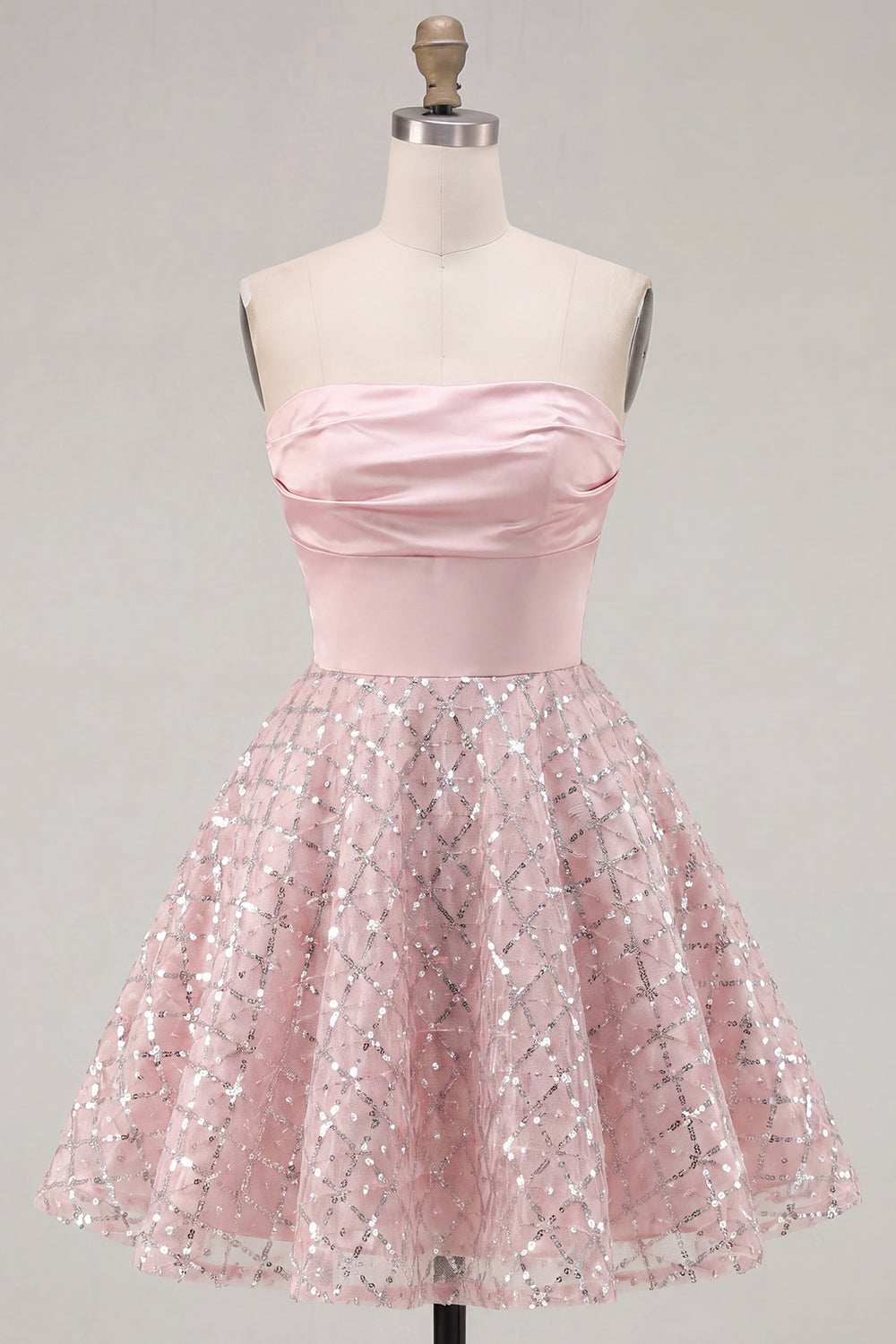 Blush Satin A-Line Strapless Ruched Sequins Cute Short Prom Dress