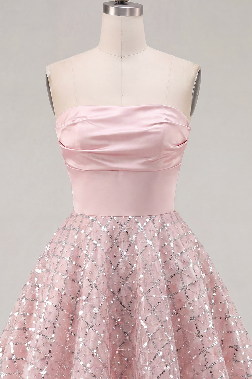 Blush Satin A-Line Strapless Ruched Sequins Cute Short Prom Dress