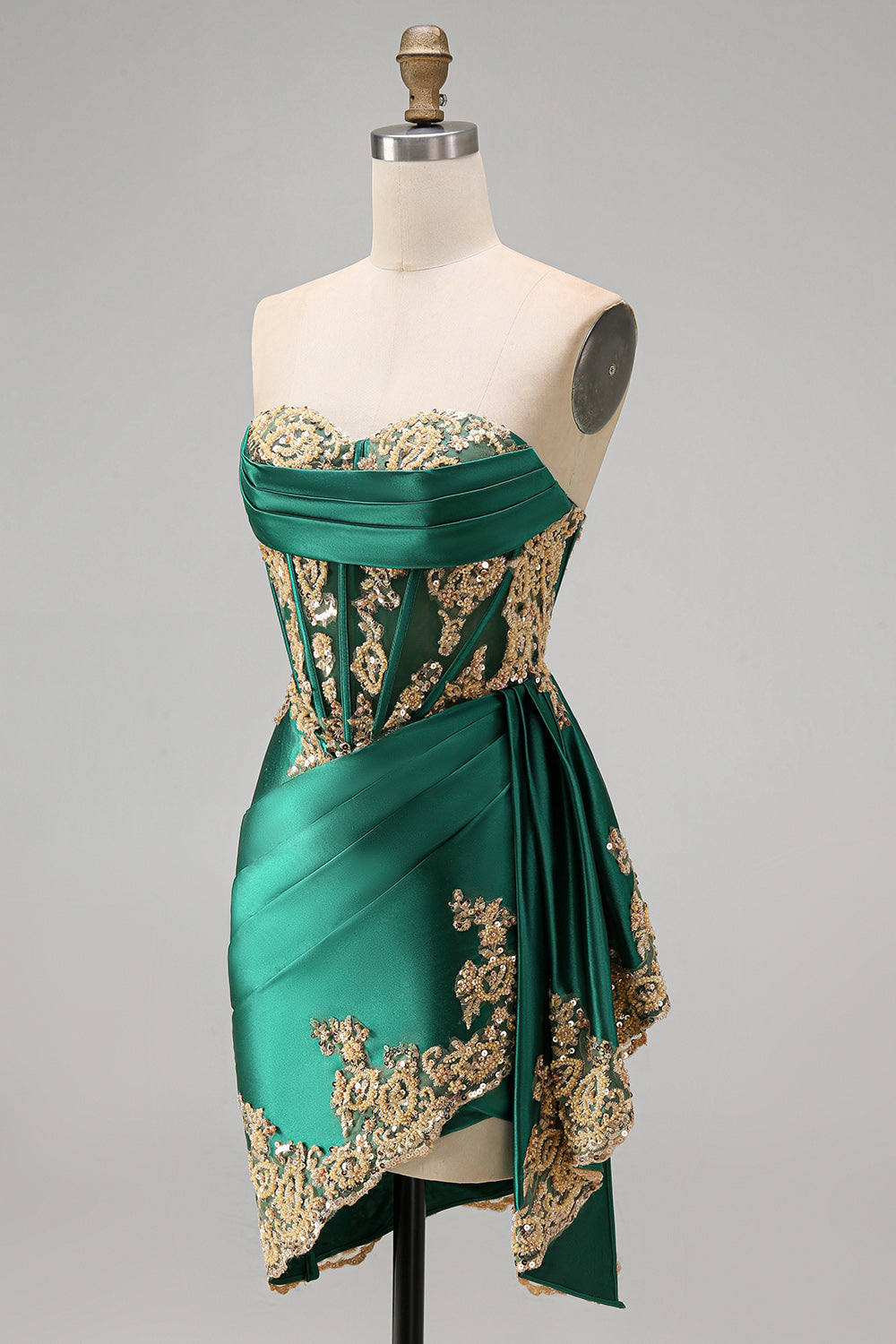 Robe de bal courte en satin vert foncé avec bustier cœur froncé, sequins, corset transparent et ceinture