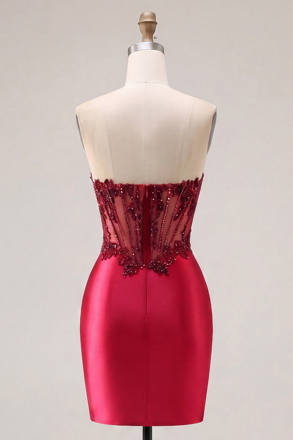 Strapless Satin Burgundy Ruched Sheer Corset Beaded Short Prom Dress with Slit