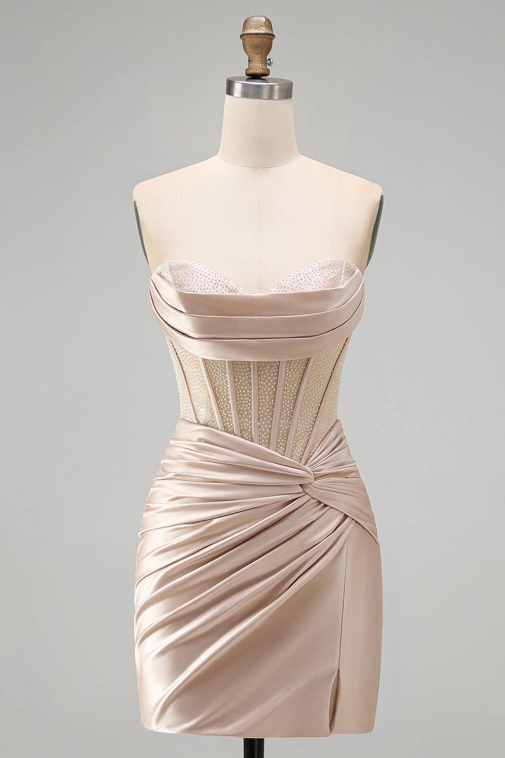 Champagne Sweetheart Satin Ruched Beaded Corset Short Prom Dress with Slit