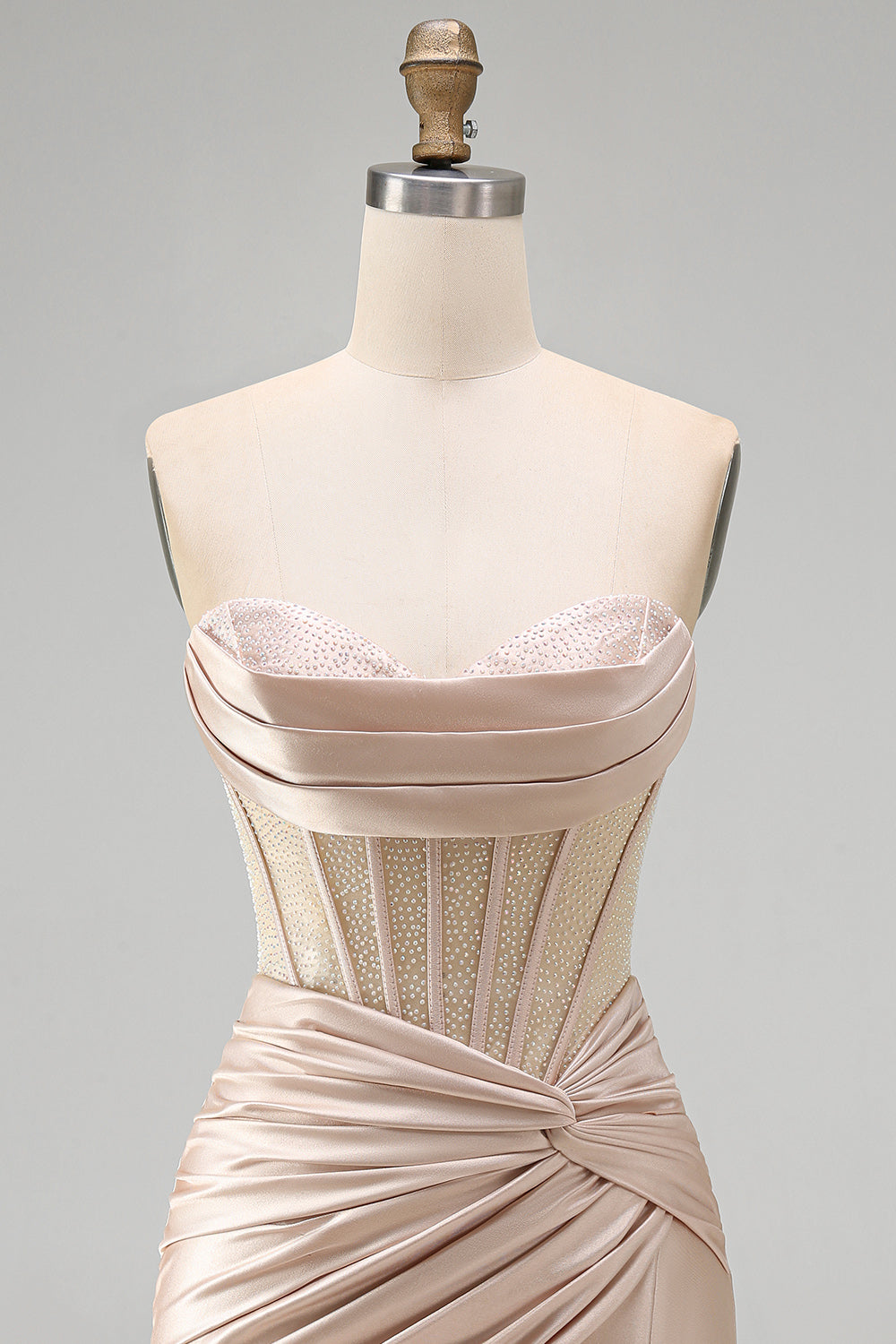 Champagne Sweetheart Satin Ruched Beaded Corset Short Prom Dress with Slit
