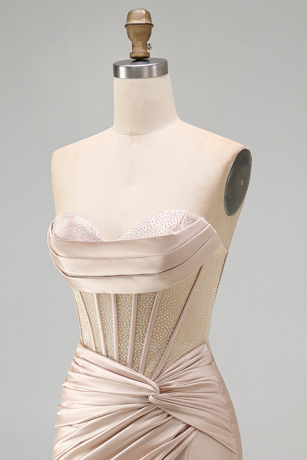 Champagne Sweetheart Satin Ruched Beaded Corset Short Prom Dress with Slit